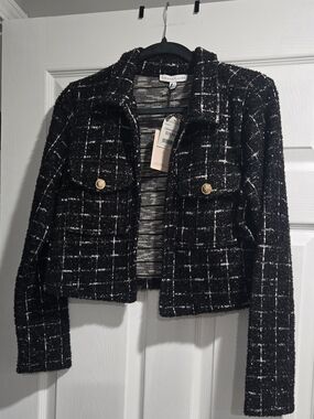 Sincerely Jules Black Tweed Cropped Blazer with Gold Buttons